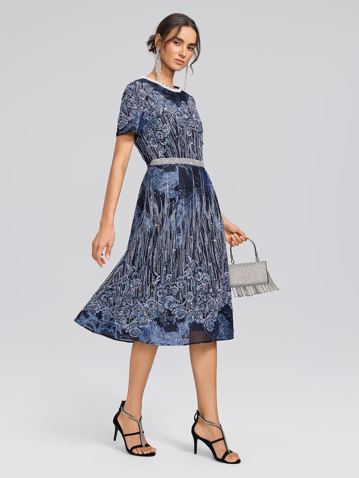 Jacquard Rose Embroidery Beaded Dress