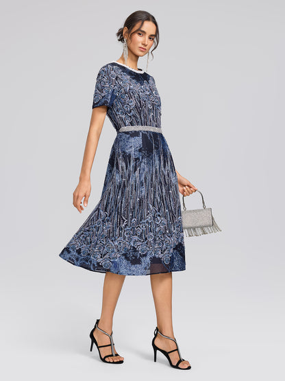 Jacquard Rose Embroidery Beaded Dress