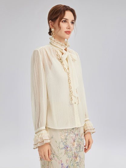 Pleated Lace-Ruffle Trim Bow-Tie Blouse