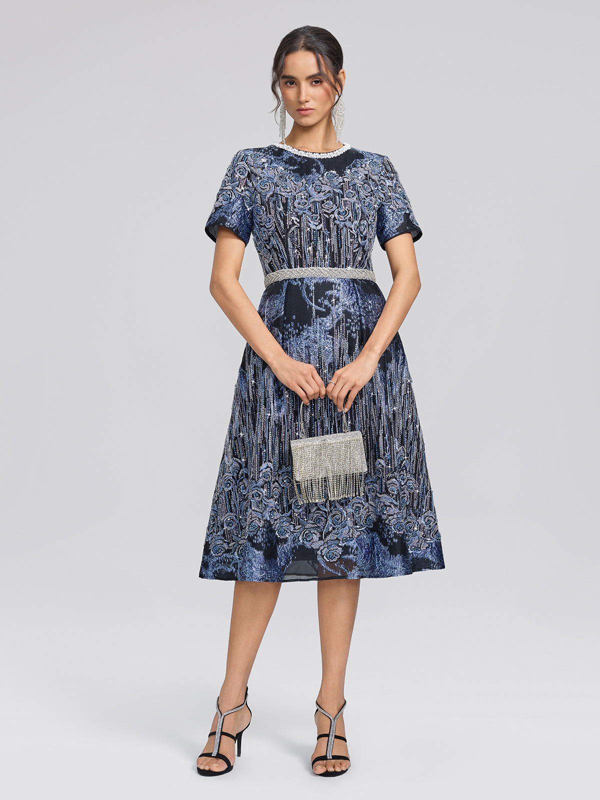 Jacquard Rose Embroidery Beaded Dress