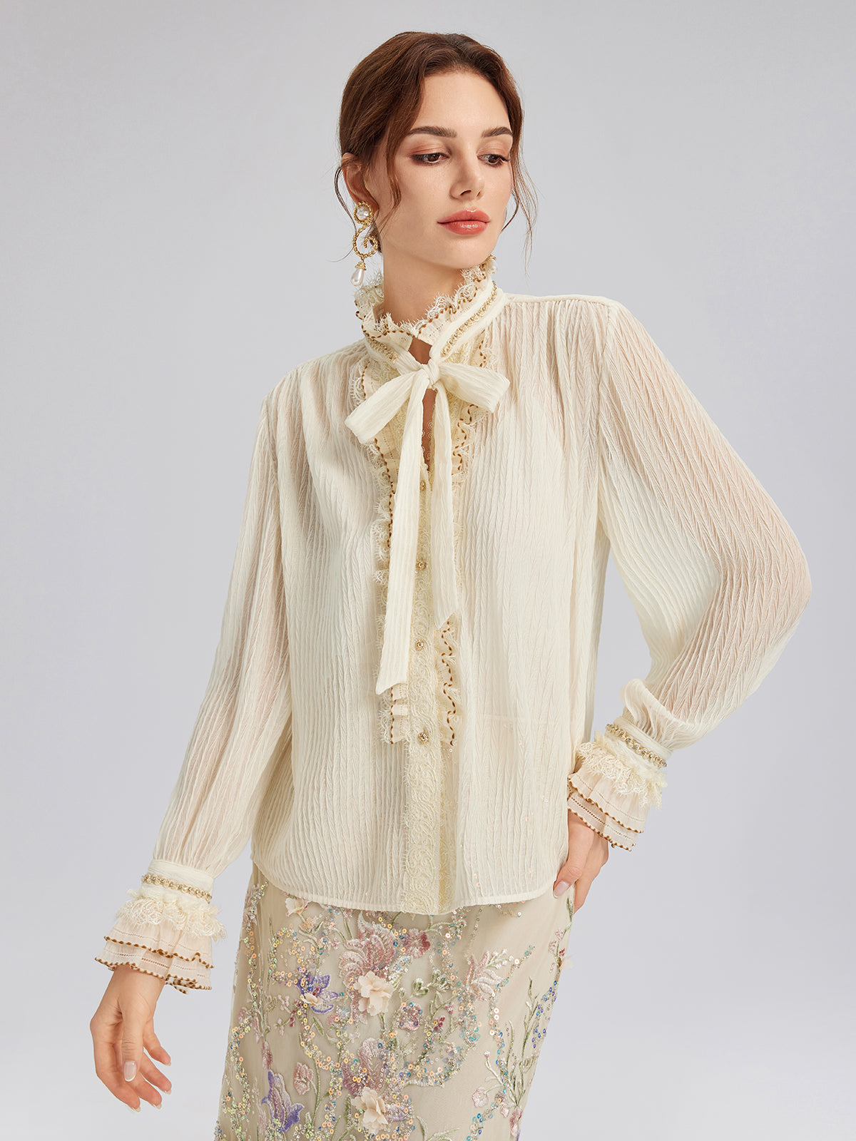Pleated Lace-Ruffle Trim Bow-Tie Blouse