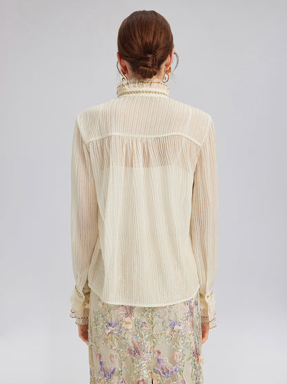 Pleated Lace-Ruffle Trim Bow-Tie Blouse