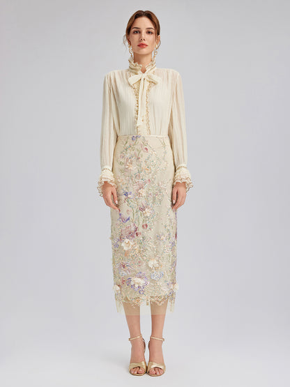 Pleated Lace-Ruffle Trim Bow-Tie Blouse