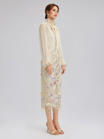 Pleated Lace-Ruffle Trim Bow-Tie Blouse