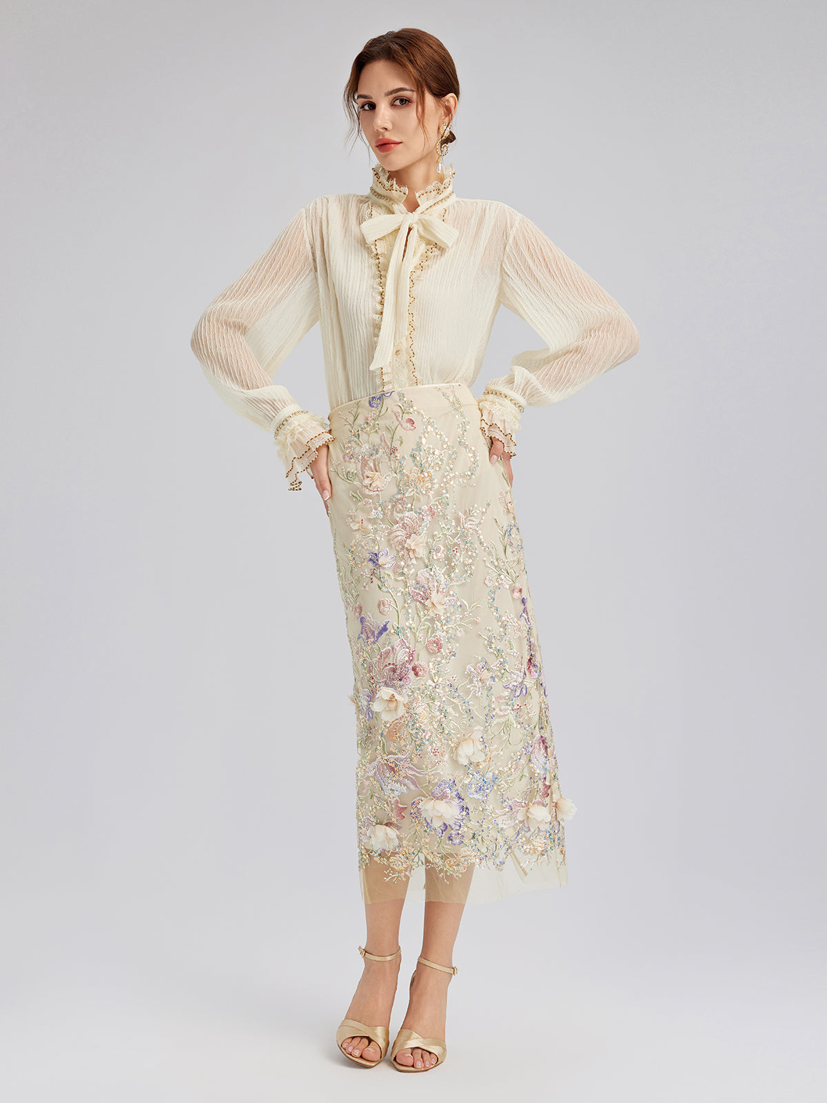 Pleated Lace-Ruffle Trim Bow-Tie Blouse