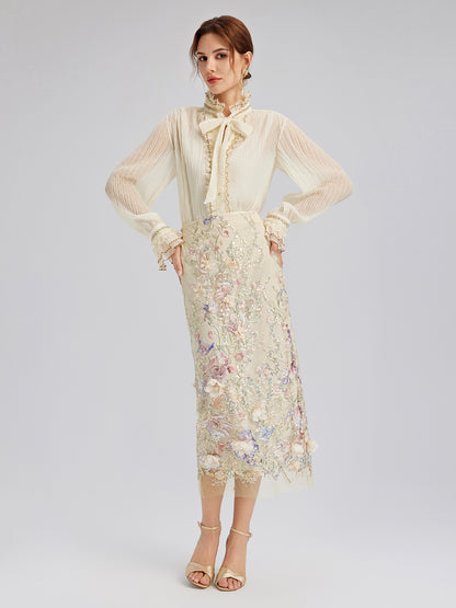 Pleated Lace-Ruffle Trim Bow-Tie Blouse