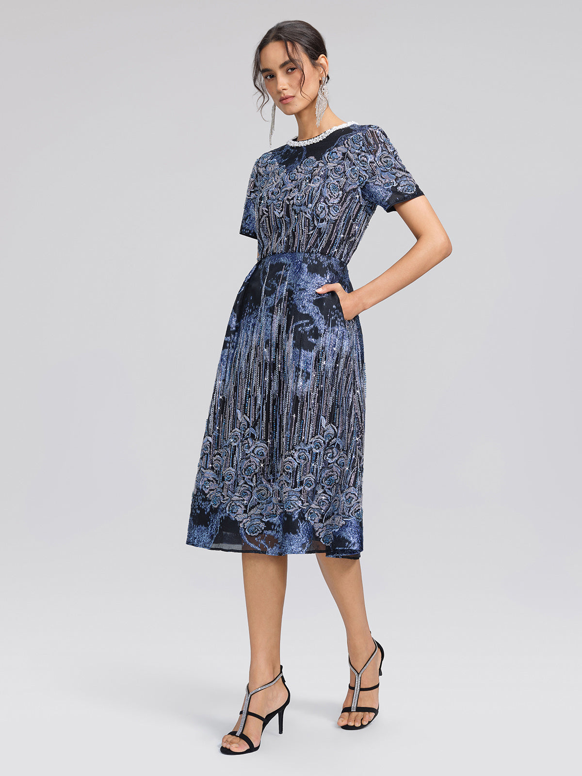 Jacquard Rose Embroidery Beaded Dress