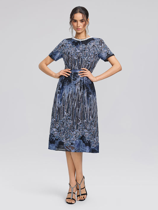 Jacquard Rose Embroidery Beaded Dress