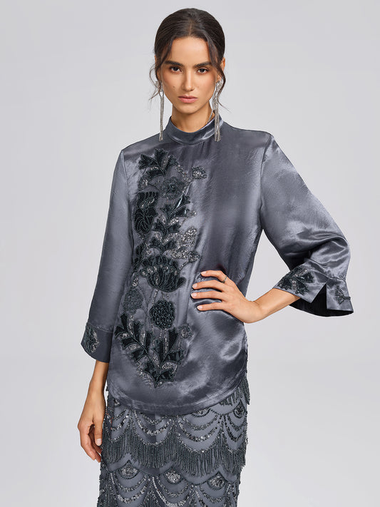 Satin Floral Embroidery Mandarin Collar Blouse