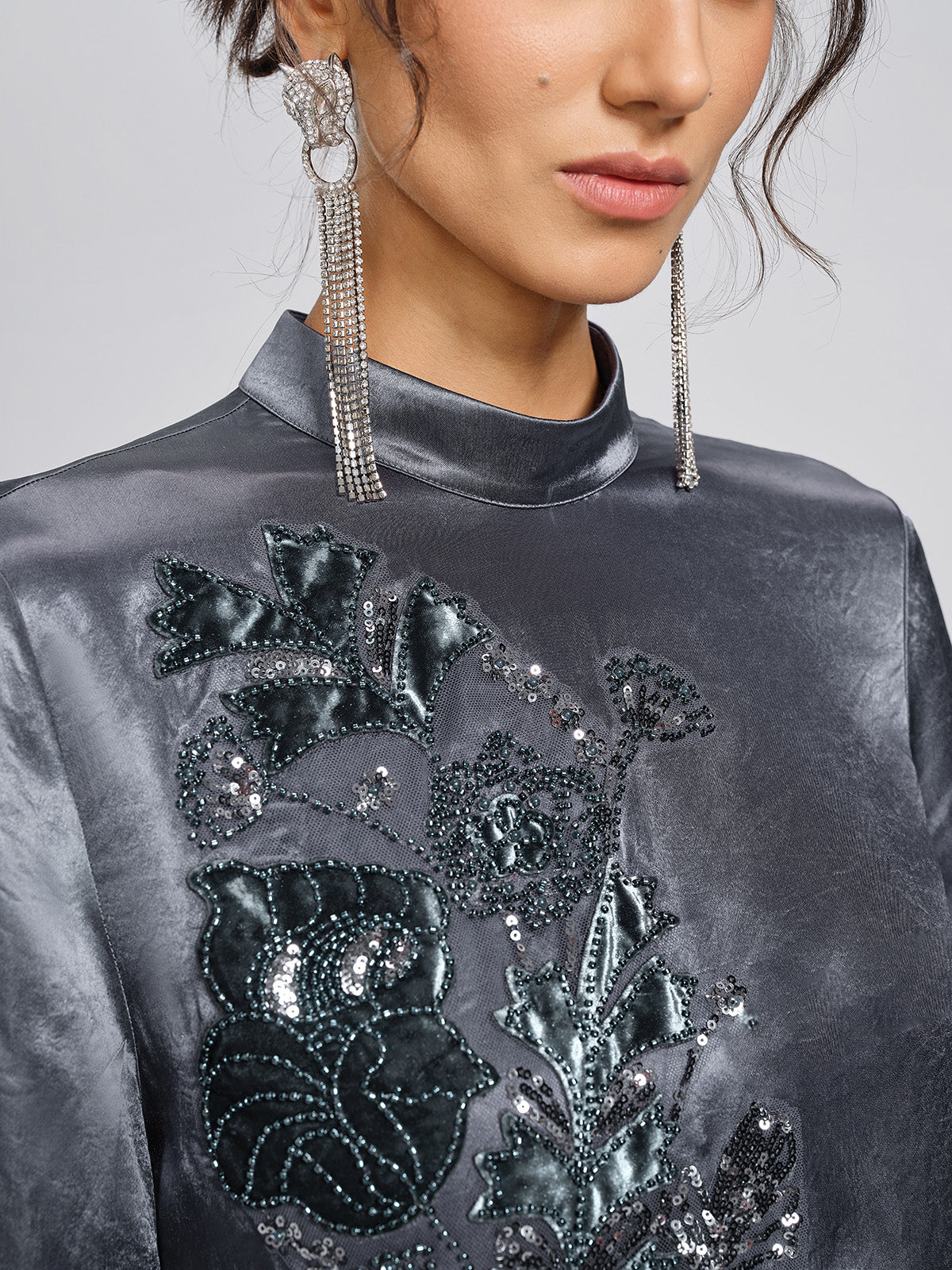 Satin Floral Embroidery Mandarin Collar Blouse