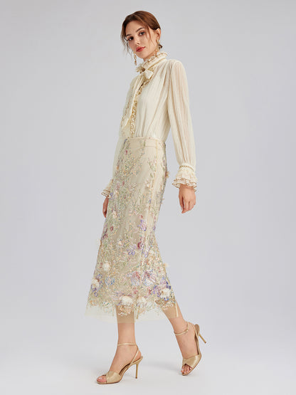 Pleated Lace-Ruffle Trim Bow-Tie Blouse