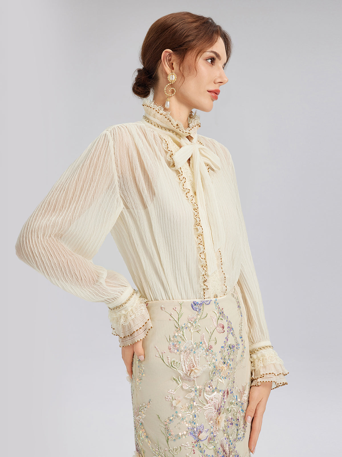Pleated Lace-Ruffle Trim Bow-Tie Blouse