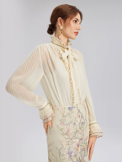Pleated Lace-Ruffle Trim Bow-Tie Blouse