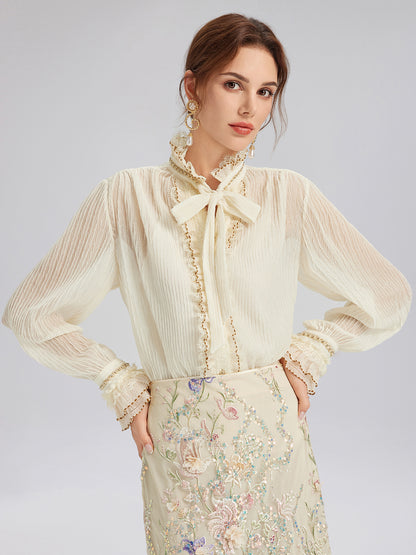 Pleated Lace-Ruffle Trim Bow-Tie Blouse