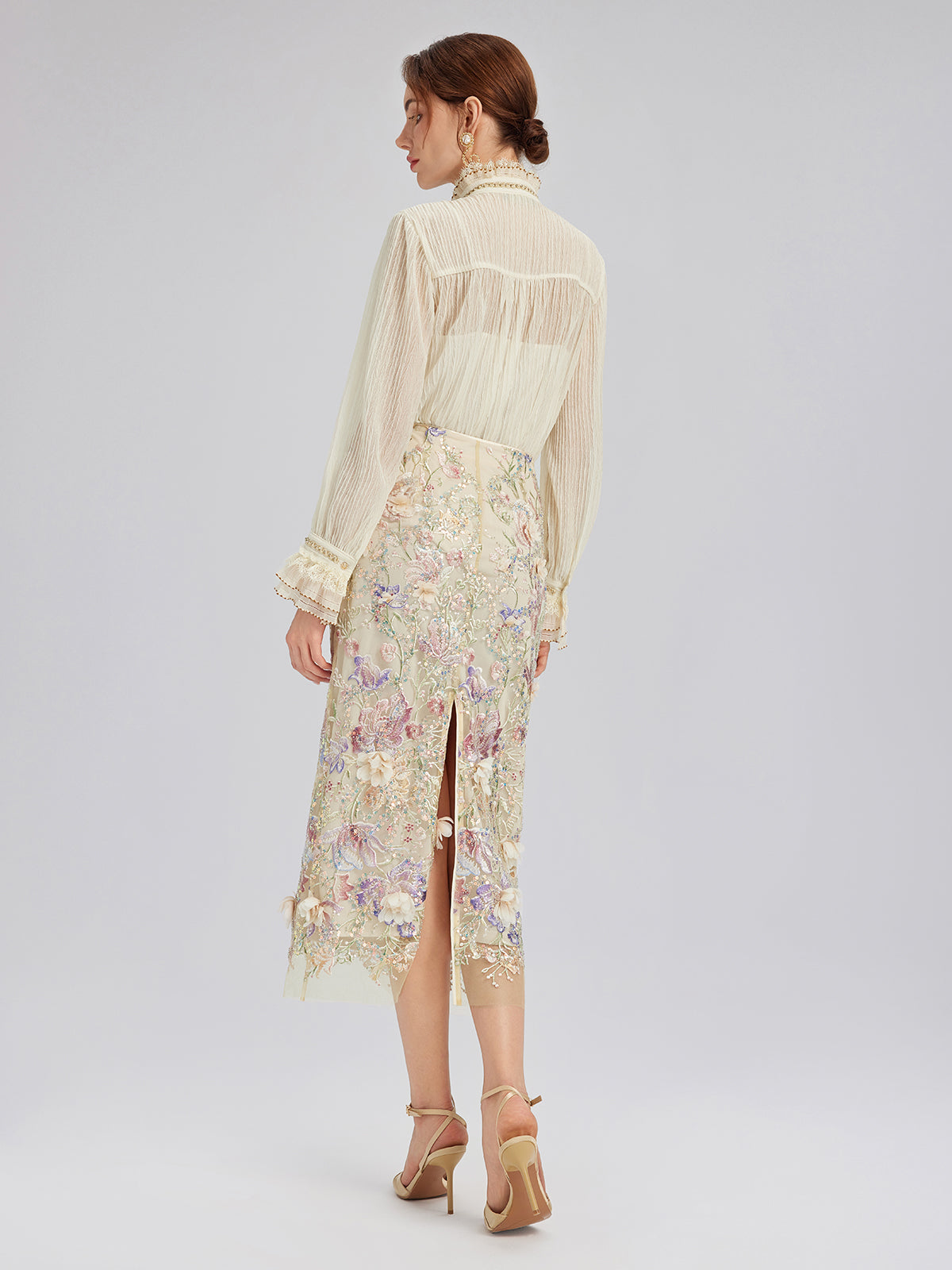 Pleated Lace-Ruffle Trim Bow-Tie Blouse