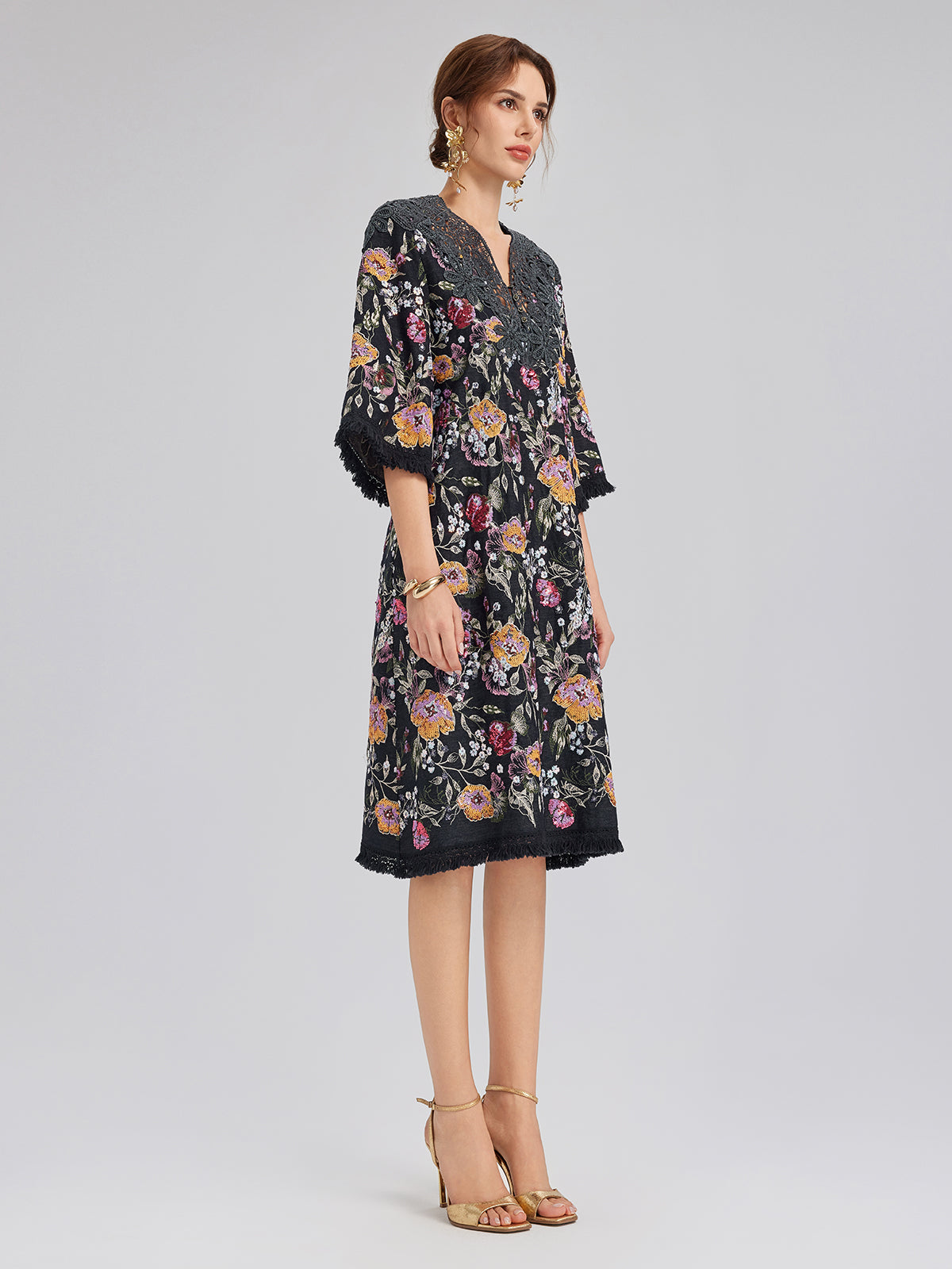 Sequin-Embroidered Raw-Edge V-Neck Dress