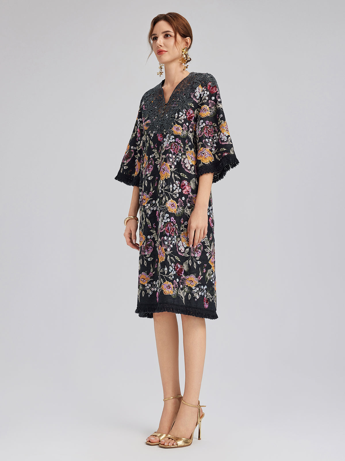 Sequin-Embroidered Raw-Edge V-Neck Dress