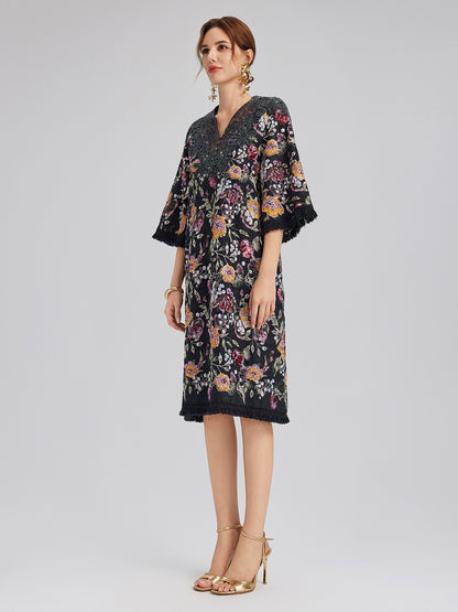 Sequin-Embroidered Raw-Edge V-Neck Dress