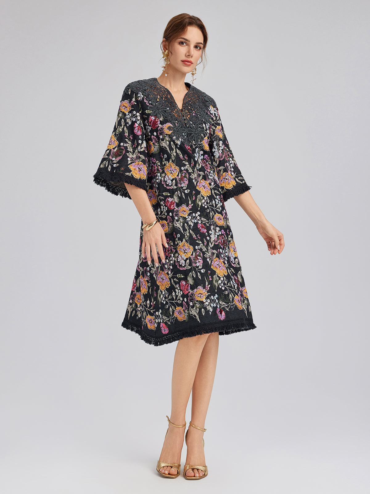 Sequin-Embroidered Raw-Edge V-Neck Dress