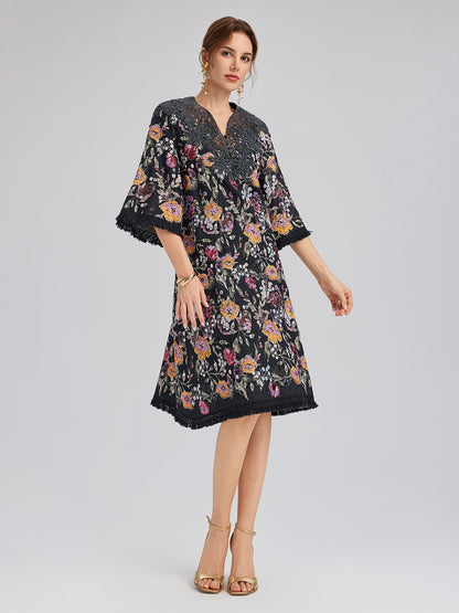 Sequin-Embroidered Raw-Edge V-Neck Dress