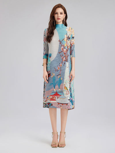 Artistic Print Pleated High Neck Dress