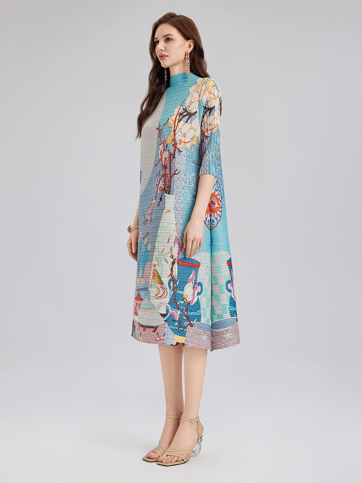 Artistic Print Pleated High Neck Dress (Slip Dress Included)