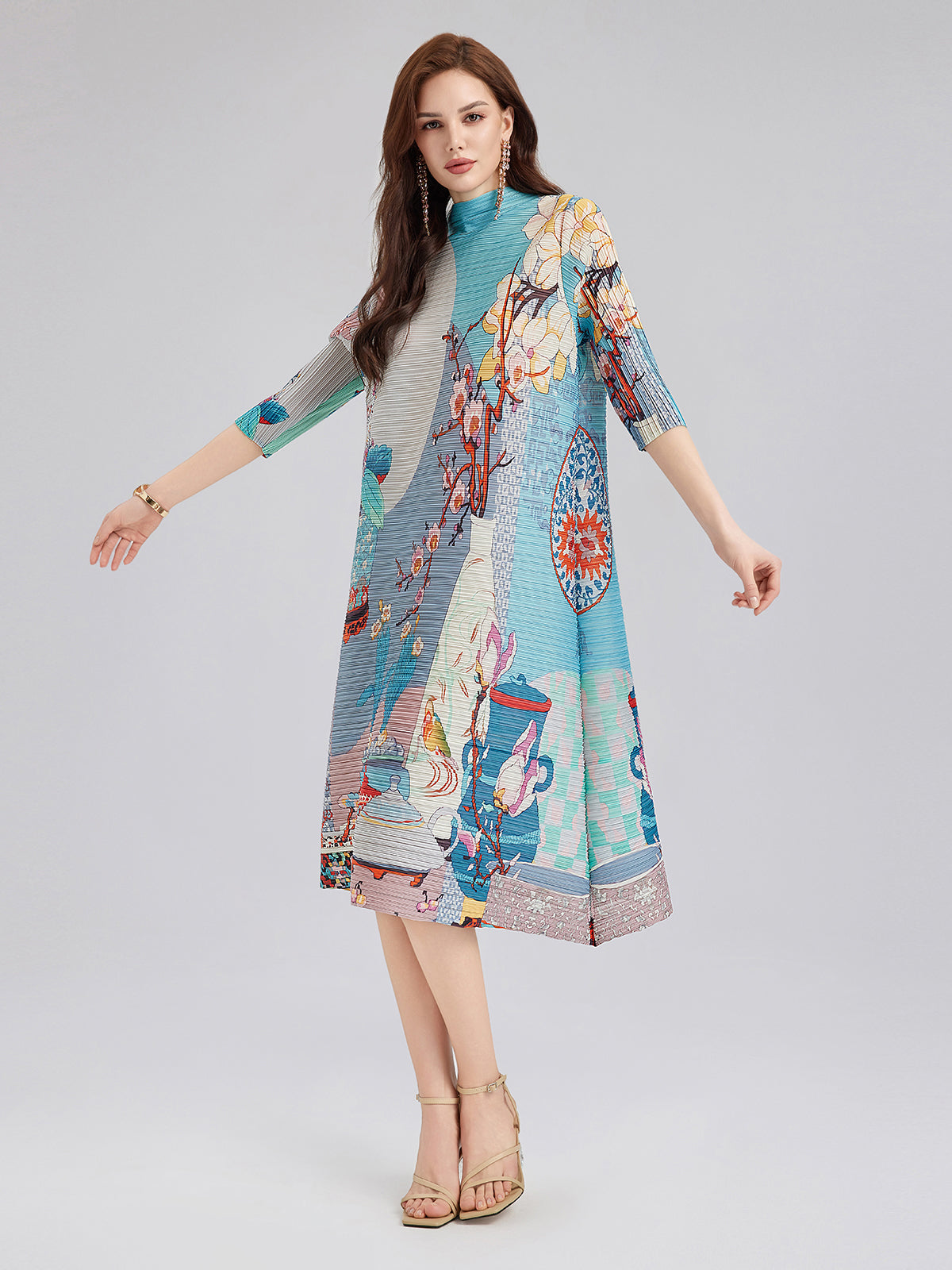 Artistic Print Pleated High Neck Dress (Slip Dress Included)