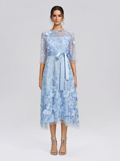 3D Floral Embroidered Mesh X-Waist Dress