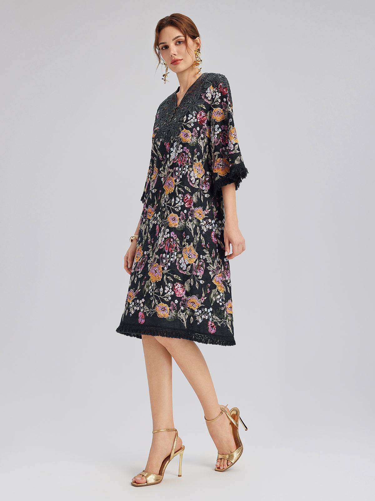 Sequin-Embroidered Raw-Edge V-Neck Dress