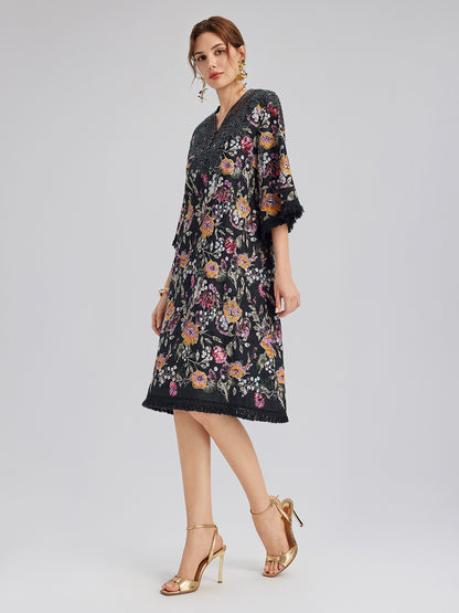 Sequin-Embroidered Raw-Edge V-Neck Dress