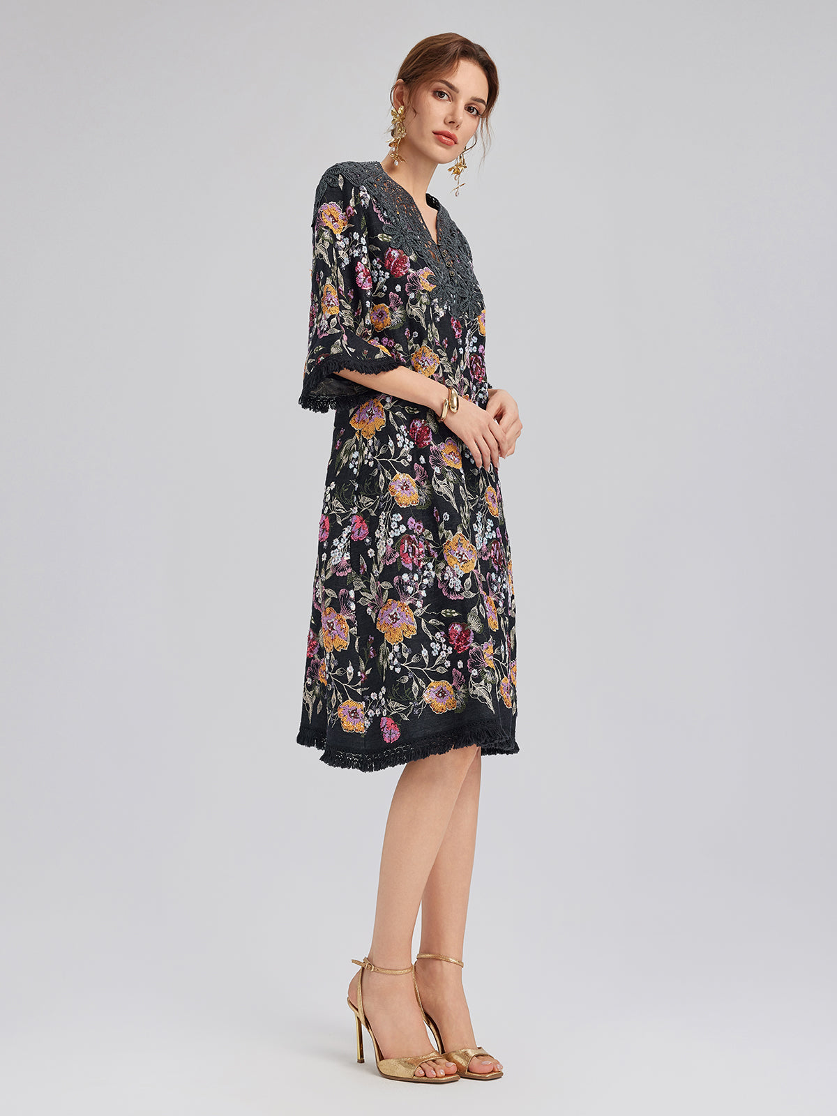 Sequin-Embroidered Raw-Edge V-Neck Dress
