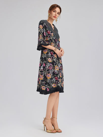 Sequin-Embroidered Raw-Edge V-Neck Dress