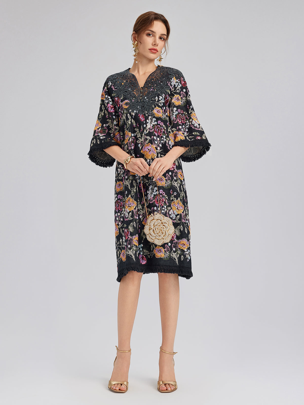 Sequin-Embroidered Raw-Edge V-Neck Dress