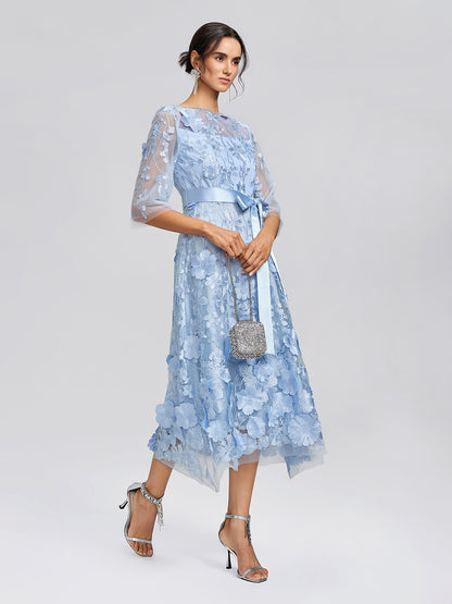 3D Floral Embroidered Mesh X-Waist Dress