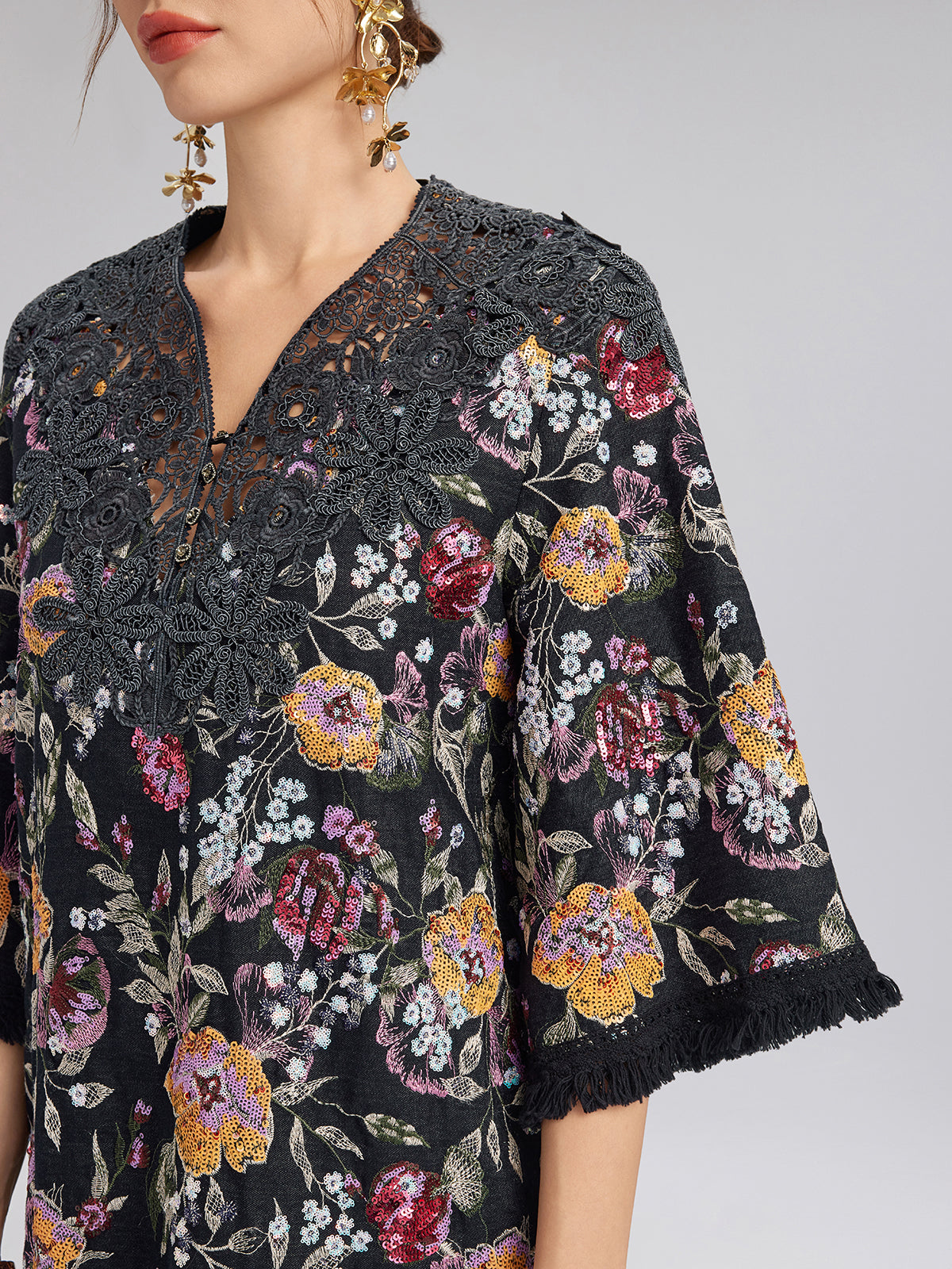 Sequin-Embroidered Raw-Edge V-Neck Dress