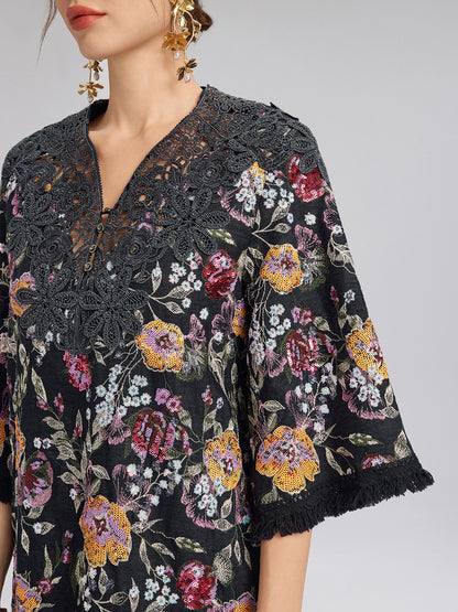 Sequin-Embroidered Raw-Edge V-Neck Dress