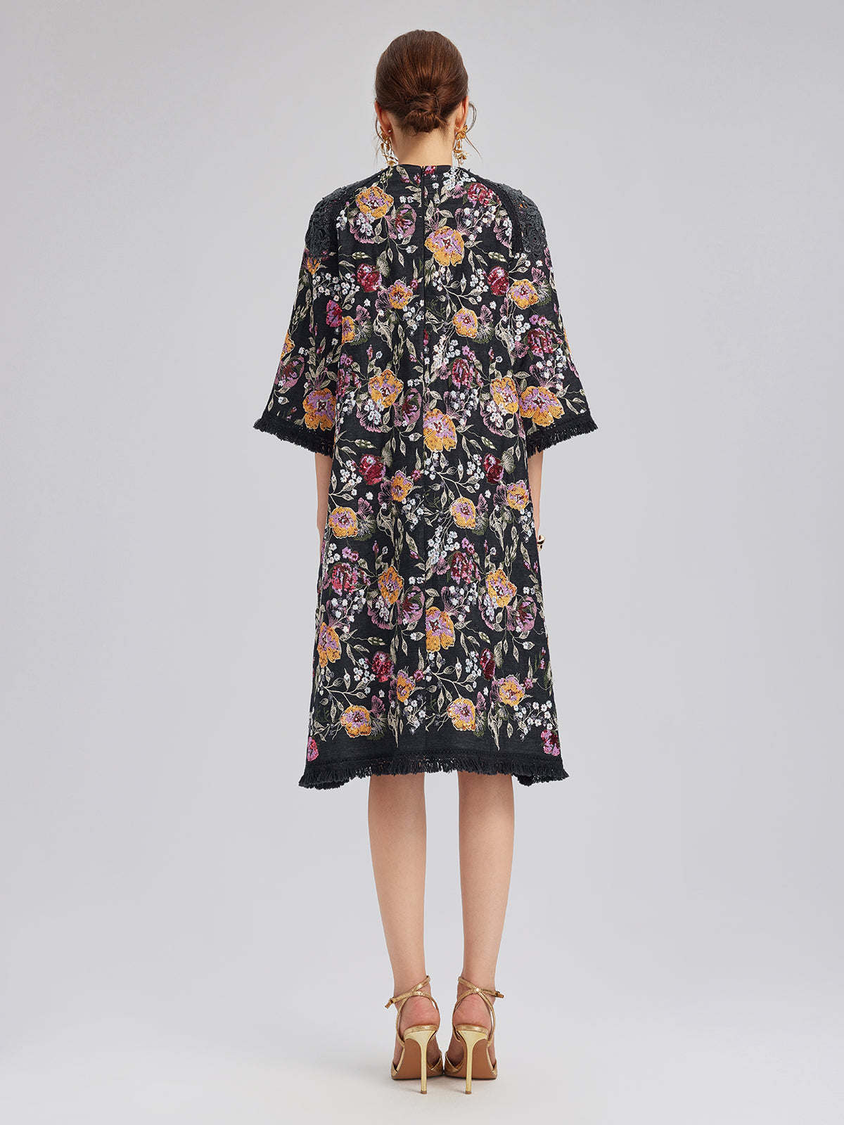 Sequin-Embroidered Raw-Edge V-Neck Dress