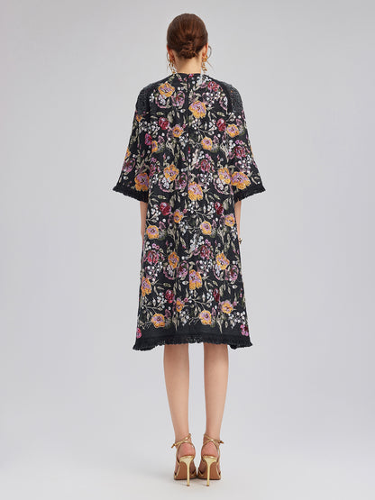 Sequin-Embroidered Raw-Edge V-Neck Dress