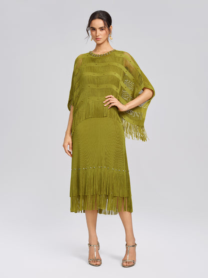 Hand-Beaded Openwork Burnout Cape Dress Set