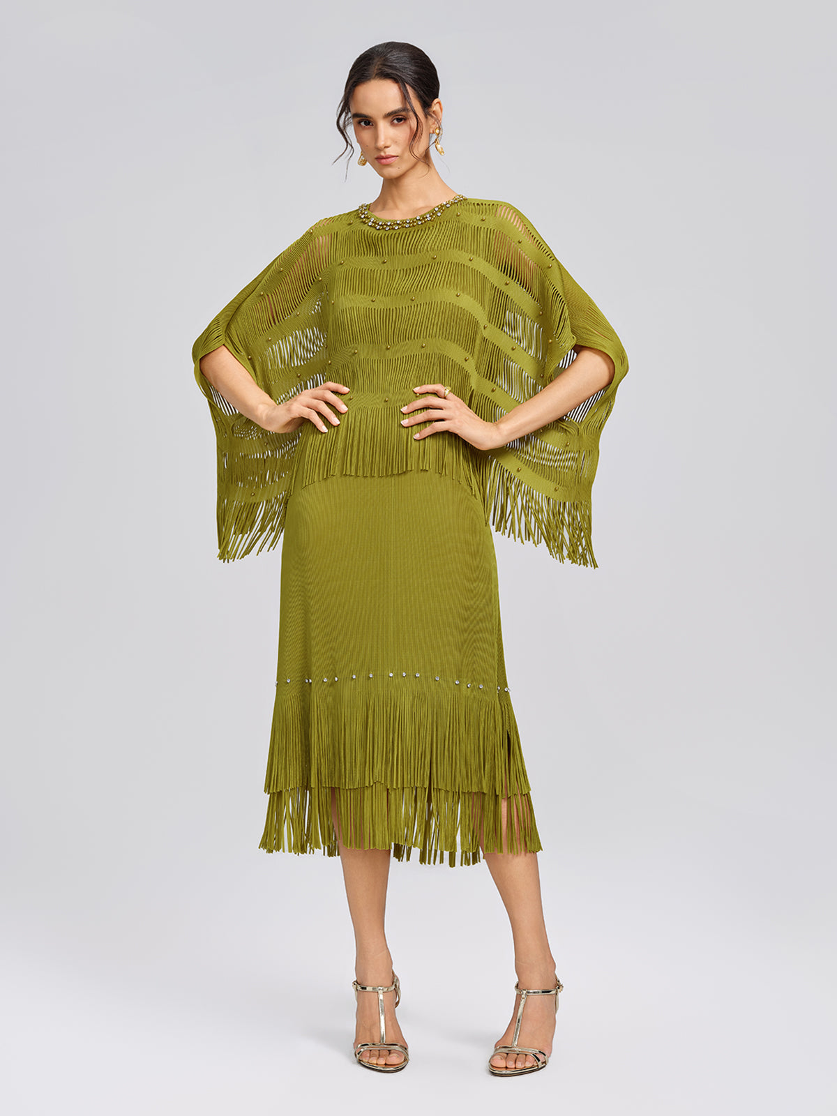Hand-Beaded Openwork Burnout Cape Dress Set