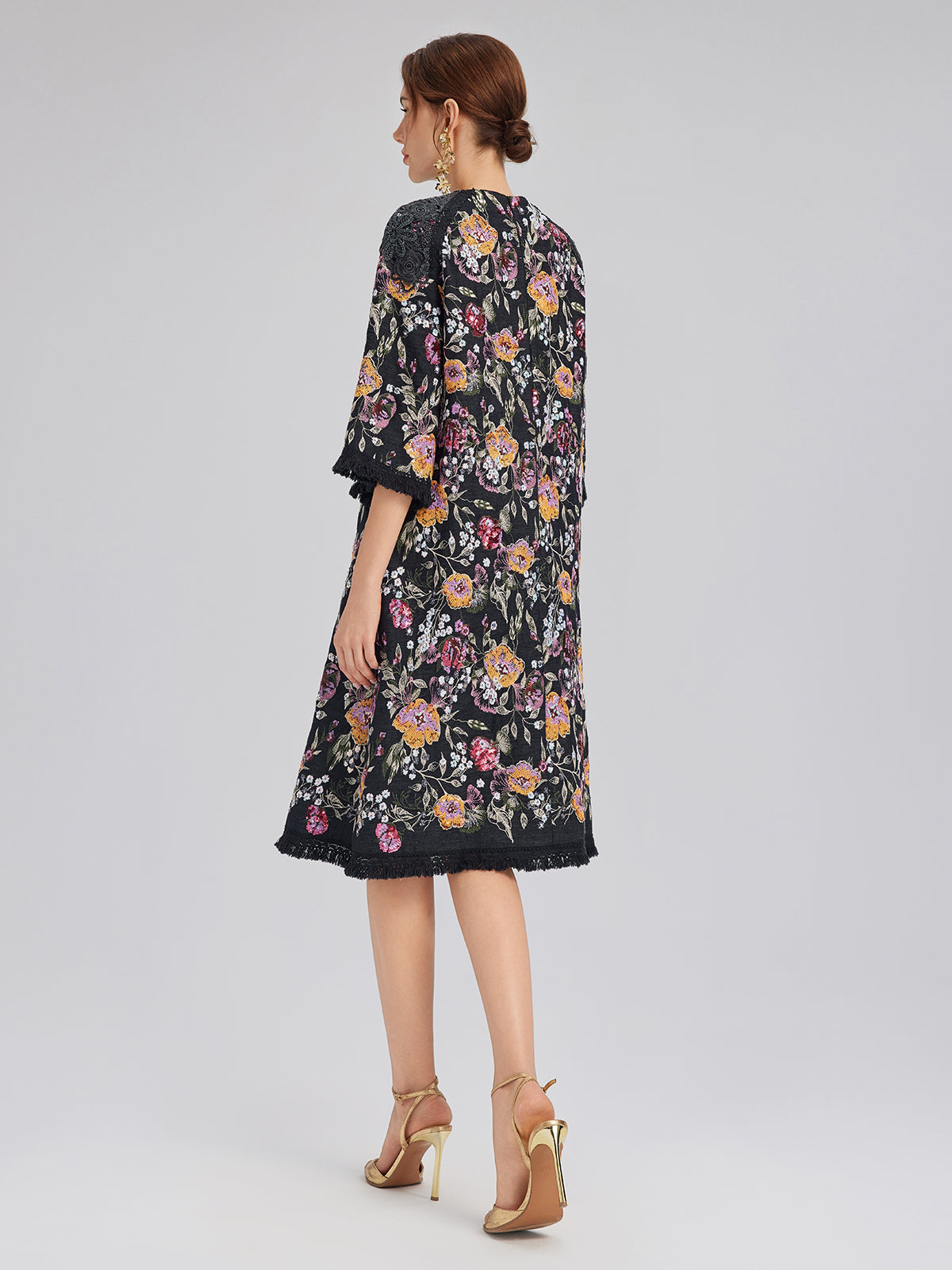 Sequin-Embroidered Raw-Edge V-Neck Dress