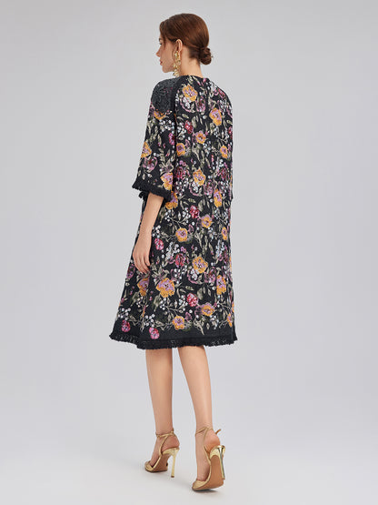 Sequin-Embroidered Raw-Edge V-Neck Dress