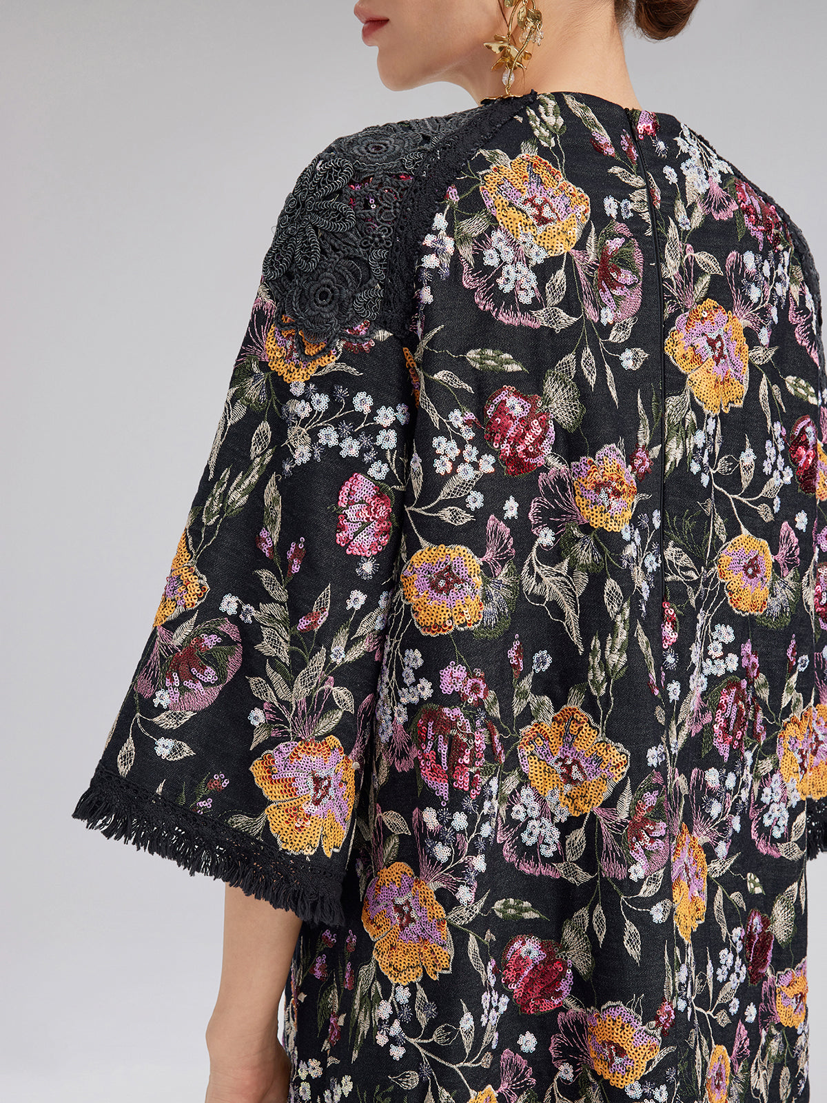 Sequin-Embroidered Raw-Edge V-Neck Dress