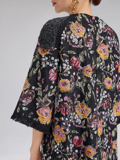 Sequin-Embroidered Raw-Edge V-Neck Dress