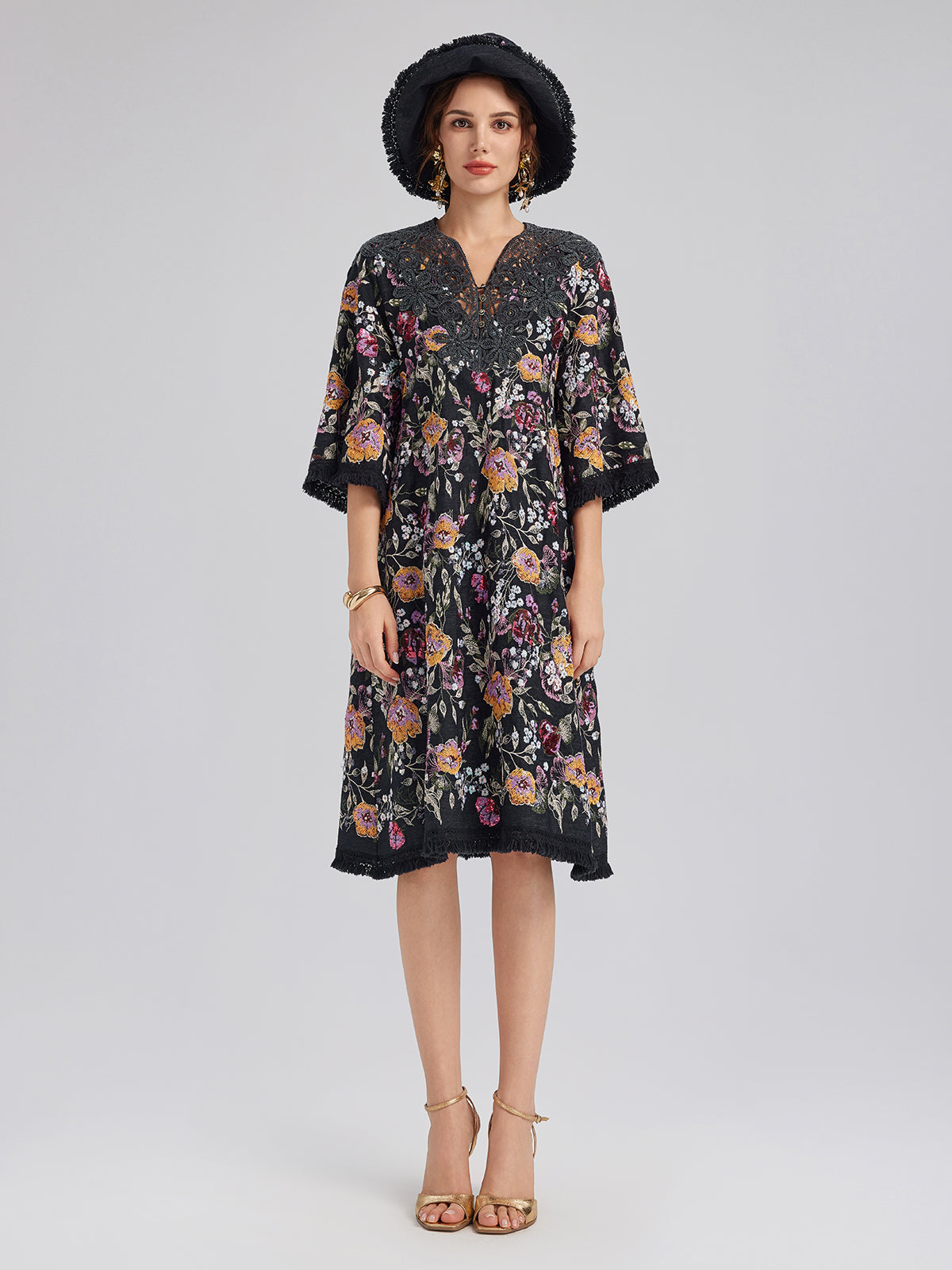 Sequin-Embroidered Raw-Edge V-Neck Dress