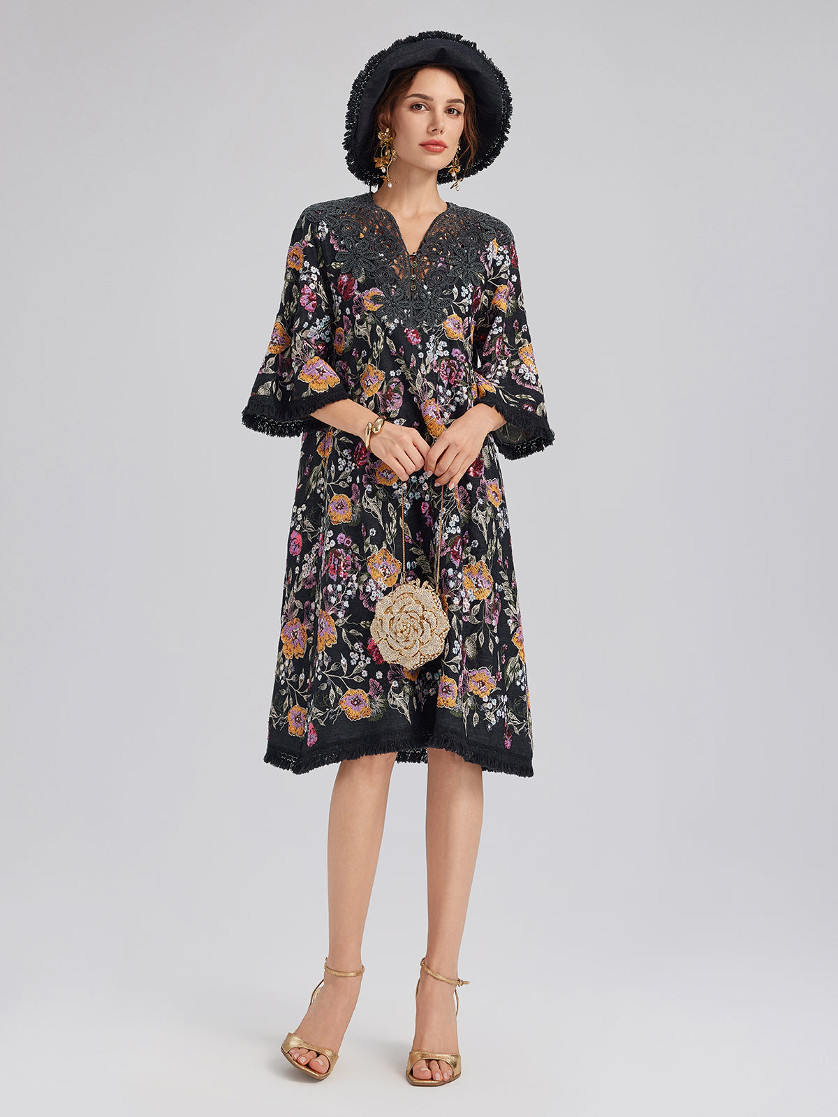 Sequin-Embroidered Raw-Edge V-Neck Dress