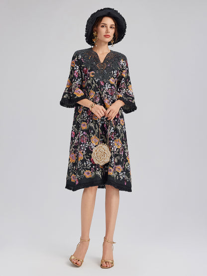 Sequin-Embroidered Raw-Edge V-Neck Dress