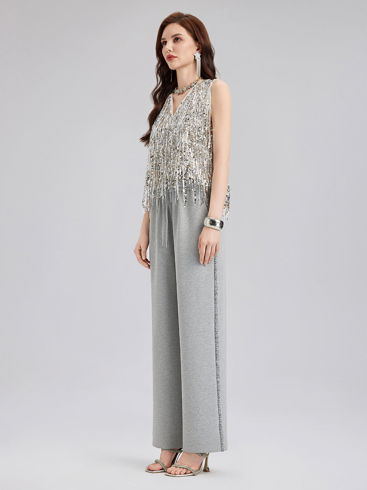 Tassel Sequin Embroidered V-Neck Vest