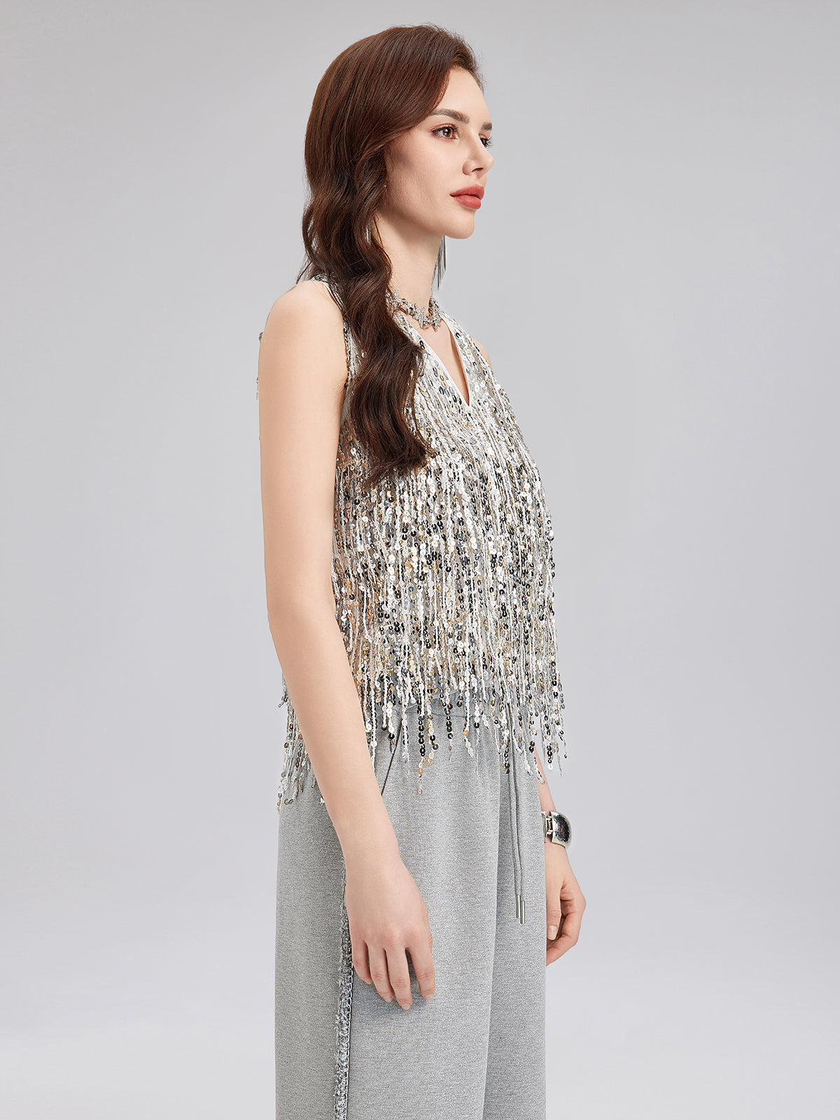 Tassel Sequin Embroidered V-Neck Vest