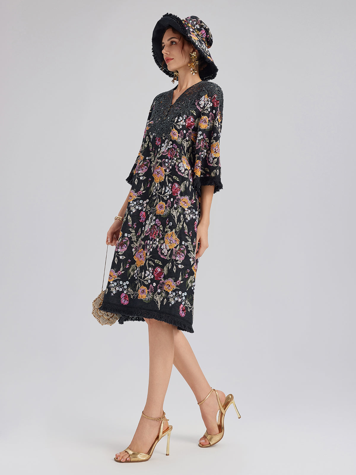 Hand-Beaded Floral Denim Raw-Edge Hat